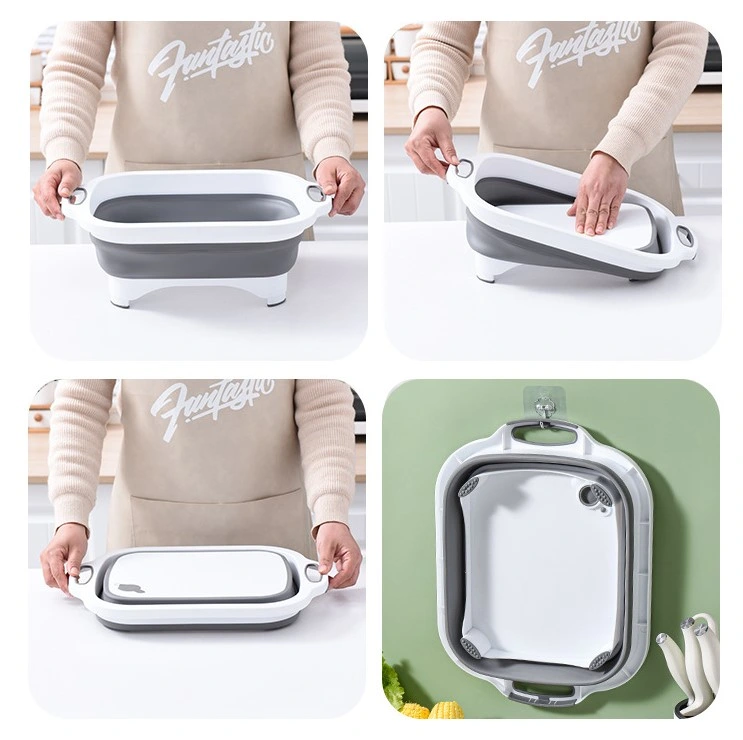 Kitchen Multi-Purpose Folding Basin with Cutting Chopping Board Multifunction Vegetable Cutter with Drain Basket