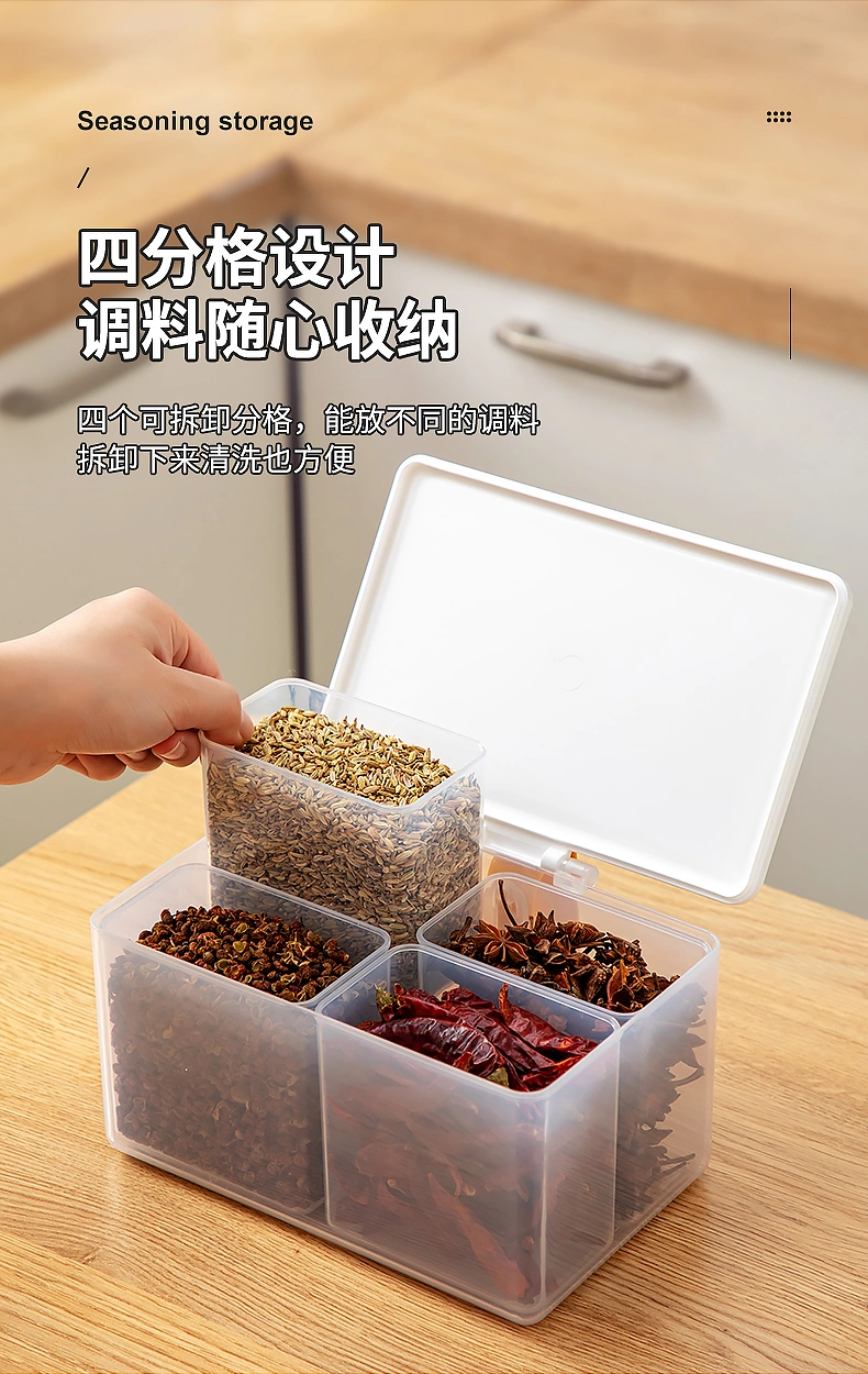 Plastic Seasoning Storage Container 4 Compartmented Kitchen Storage Box with Spoon