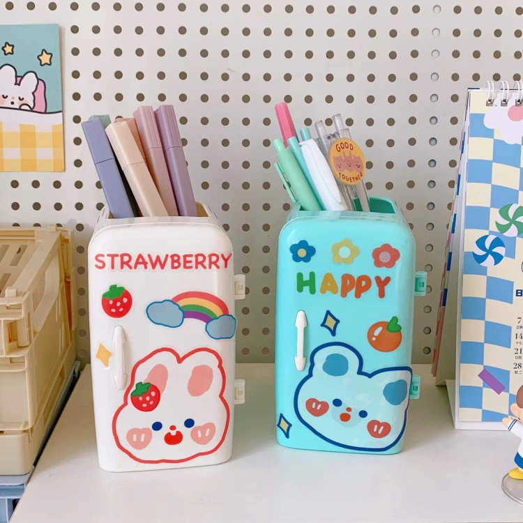 Wholesale Refrigerator Shaped Cute Cartoon Plastic Kawaii Pen Holder with Stickers for Kids Students